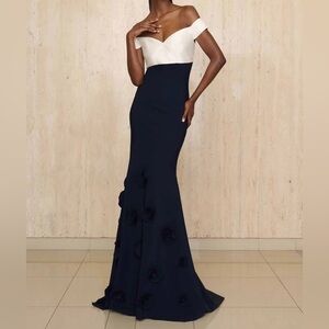 Greta Constantine Goro Off-the-Shoulder Empire Waist Gown Black & White | Size 6